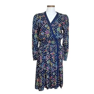 Diane Freis Womens Vintage Long Sleeves Silk dress Printed Deep Blue Size Medium